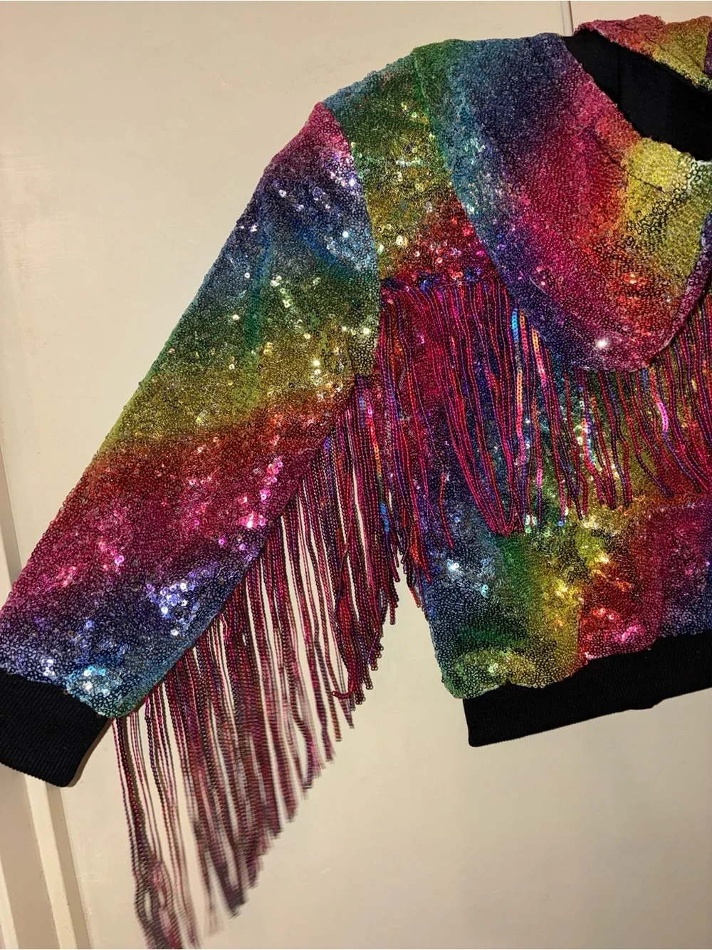 NWT Rainbow Sequin Fringe Bomber Jacket Girls Medium | Y2K| performance wear